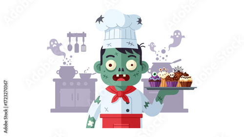 Zombie Chef's Halloween Feast: A ghastly zombie chef presents a platter of delectable Halloween cupcakes. The scene is playful and intriguing.