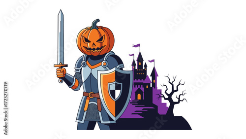 Pumpkin Knight of the Spooky Night: An illustrated knight, whose head is a carved pumpkin, brandishes a gleaming sword and shield with a backdrop of a haunted castle.