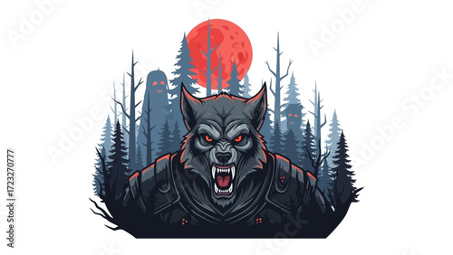 Lunar Fury: An artistic illustration of a ferocious wolf under the crimson glow of the full moon, snarling with primal power, against a backdrop of a deep forest.