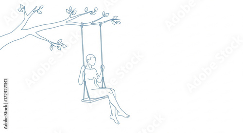 Woman on Swing Under Tree, Nature Illustration, Peaceful Environment, Minimalist Design