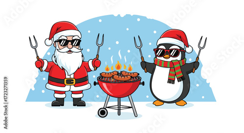 Santa and a cool penguin grilling sausages for Christmas, enjoy festive cheer with friends and family at a fun Christmas barbecue