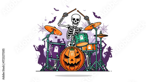 Spooky Drummer: A skeletal drummer, with drumsticks in hand, pounds on a set of drums adorned with Halloween symbols, including a pumpkin, spiders, and bats.