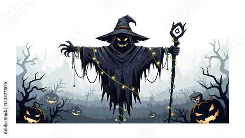 Enigmatic Specter of Hallows Eve: In a chilling tableau, a spectral scarecrow, shrouded in shadow and adorned with eerie lights, stands guard over a landscape teeming with grinning jack-o'-lanterns.
