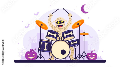 Halloween Mummy Drummer Performance: In a playful Halloween illustration, a spirited mummy drummer energetically pounds on his drum kit with orange cymbals.