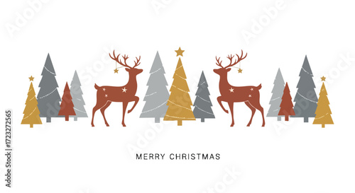 Elegant Merry Christmas design with festive reindeer and trees in gold, brown, and silver for holiday cards or seasonal promotions and marketing