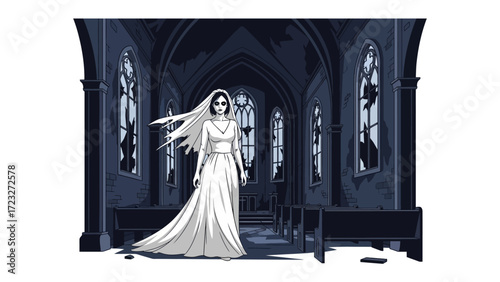 Ghostly Bride in Abandoned Church: A spectral bride, cloaked in a flowing white dress and veil, wanders through the dilapidated interior of an abandoned church.