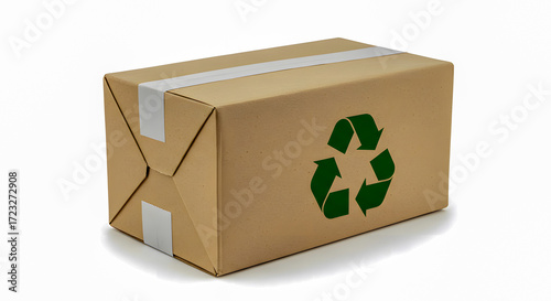 Eco-friendly cardboard shipping box with prominent green recycling symbol, perfect for sustainable logistics and green business packaging solutions.