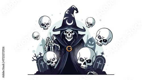 Mystical Skull Sorcerer: An ominous sorcerer figure, cloaked in darkness and adorned with a crescent moon emblem, conjures an eerie scene with hovering skull apparitions and gravestones.