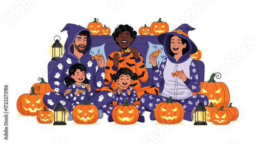 Halloween Family Fun: A cheerful family, adorned in festive pajamas and surrounded by glowing pumpkins, shares a pizza slice during a cozy and spirited Halloween celebration.