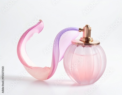 A luxury pink glass perfume bottle with a transparent spray cap is isolated on a white background, showcasing its feminine fragrance
