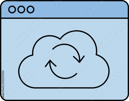 Light blue cloud icon with circular arrows inside a browser window cloud computing data transfer