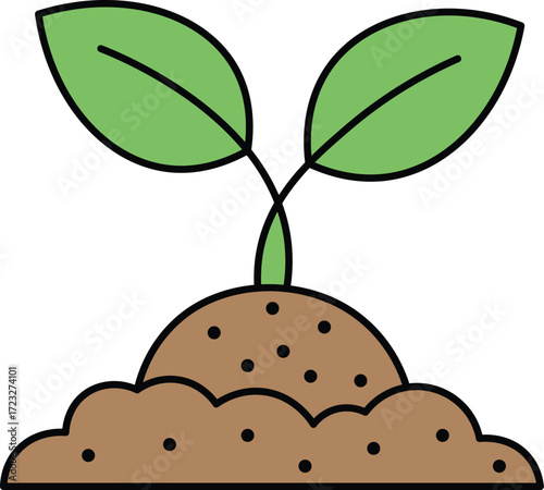 Green sprout growing from brown soil with black dots plant growth