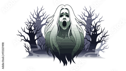 Eerie Haunting in a Spooky Forest: A spectral figure, with long flowing hair, emerges from a haunting forest of eerie silhouettes, conveying the thrill of fear and the embrace of the spooky.