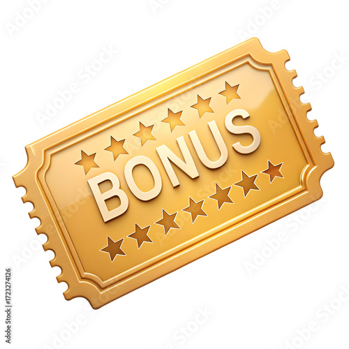 Golden bonus ticket with stars and text on black background graphic design