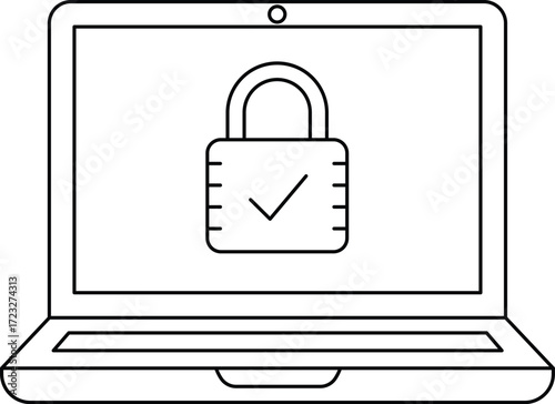 Laptop screen displays a locked padlock with a checkmark symbol computer