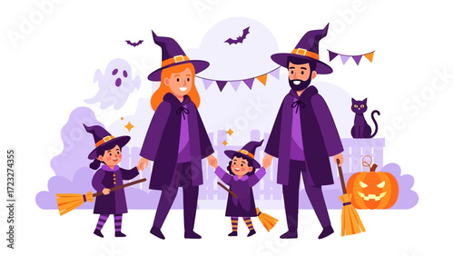 Enchanting Halloween Family: A cartoon depicts a family of witches in their festive attire, ready for Halloween. They are standing outside a house with the Halloween decorations.