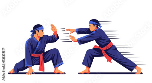 Depiction of Pencak Silat practitioners displaying martial arts skills