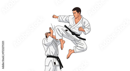 Dynamic action of two martial artists engaging in a karate sparring match