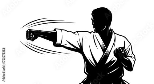 Dynamic Black and White Illustration of a Karate Practitioner Punching Forward
