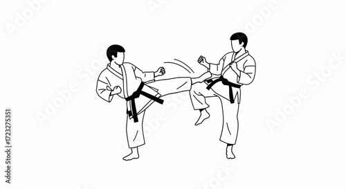 Dynamic black belt sparring match displaying discipline and technique