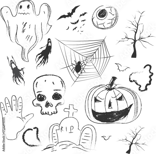 Halloween Sketch Vector Set Ghosts, Skull, Pumpkin, Spiderweb & Spooky Elements