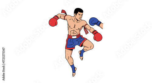 Dynamic cartoon illustration depicting a muay thai fighter in action pose