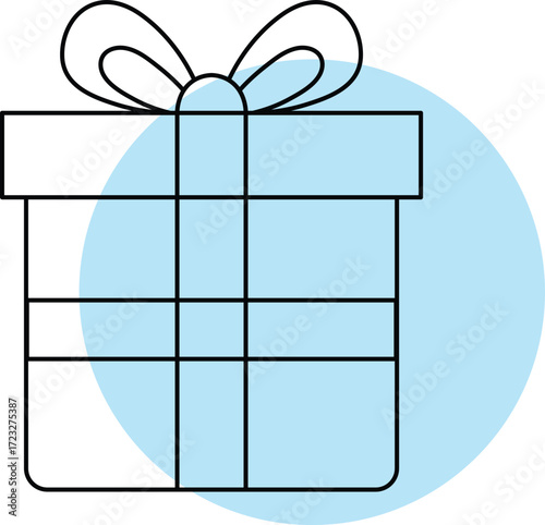 Simple black outline gift box with blue circle background present birthday