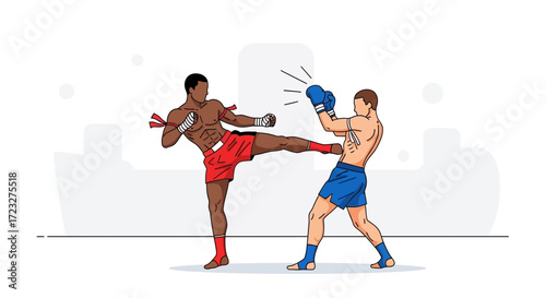 Dynamic Illustration of Muay Thai Fighters in Intense Kickboxing Action