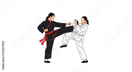 Dynamic illustration of two women practicing martial arts stances and kicks
