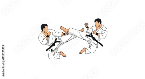 Dynamic karate athletes executing synchronized kicks in martial arts practice