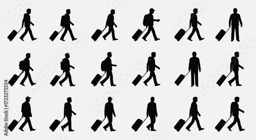 Silhouettes of people walking with luggage, representing travel and movement.