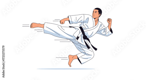 Dynamic Karate Athlete Executing Flying Kick with Sharp Focus and Precision