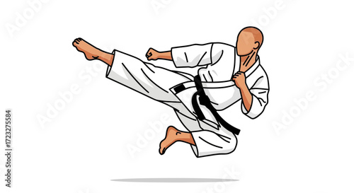 Dynamic Karate Athlete Performing Flying Kick on Isolated Background