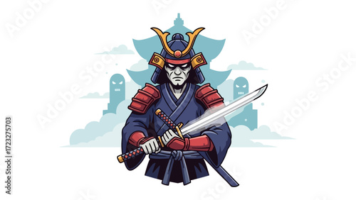 Samurai Warrior Illustration: A stoic samurai warrior in full traditional armor stands resolute, poised with a gleaming katana, set against the backdrop of an iconic pagoda.