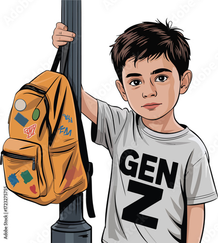 Gen Z boy with backpack holds onto pole on transparent background