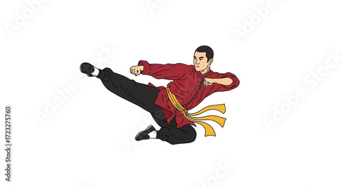 Dynamic kung fu practitioner executes a soaring sidekick on white surface