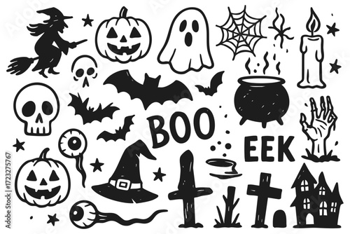 Halloween scary doodle elements set with witch, pumpkin, ghost, bat, skull, cauldron, spider, candle, grave, haunted house, broom, hat, words boo eek illustration