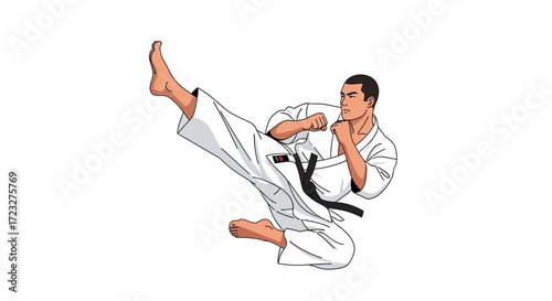 Dynamic martial artist demonstrating powerful front kick on white background