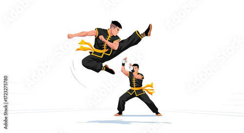 Dynamic Kung Fu Sparring Session with Energetic Jumping and Precise Defense