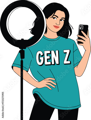 Gen Z Female Influencer Streaming Portrait Shirt with Typography Design