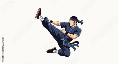 Dynamic martial artist performing a high kick in action pose illustration