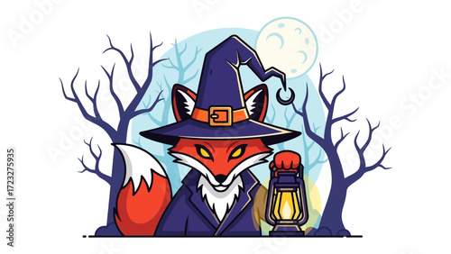 Enchanting Fox Wizard in Mystical Forest: A charismatic fox, donned in a wizard's hat and robes, illuminates the path through a spooky forest. The fox holds a lantern.