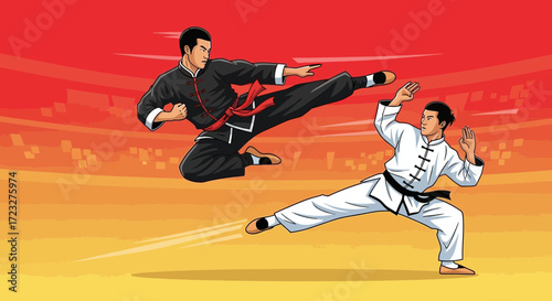 Dynamic martial arts combat featuring flying kick and defensive stance