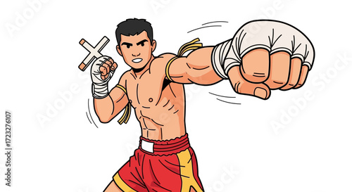 Dynamic Muay Thai boxer delivers powerful punch with traditional elements