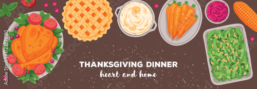 Thanksgiving day, family dinner. Hand drawn flat style. Top view vector illustration. Festive dinner with turkey and potato, apple pie, vegetables, fruits. Autumn food