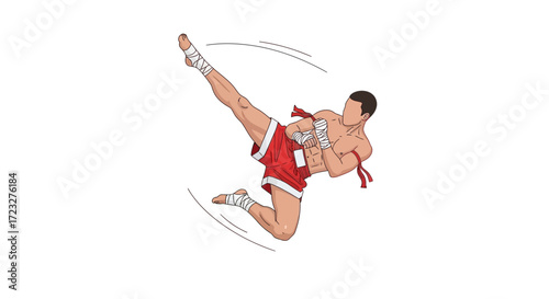 Dynamic Muay Thai Fighter Executing a Powerful Mid-Air Kick Isolated