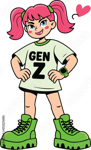 Gen Z Girl Cartoon Illustration Trendy Youth Fashion Style Digital Artwork Vector