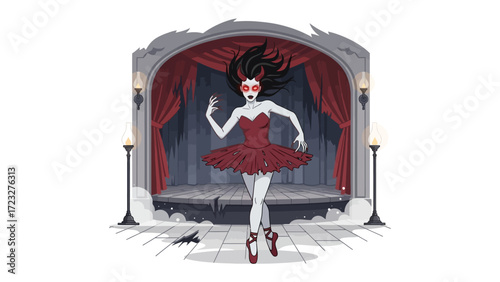 Enigmatic Ballerina on Stage: An enigmatic ballerina graces the stage in an ominous display of artistry, costumed in a striking red ensemble, silhouetted against the backdrop of a theatrical setting.