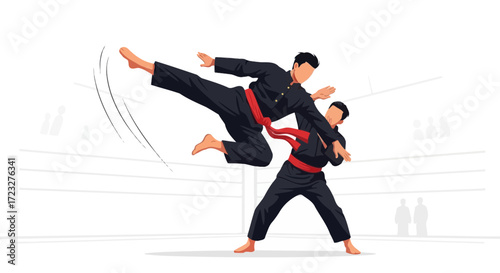 Dynamic pencak silat duel showcasing agile movements and strategic defense