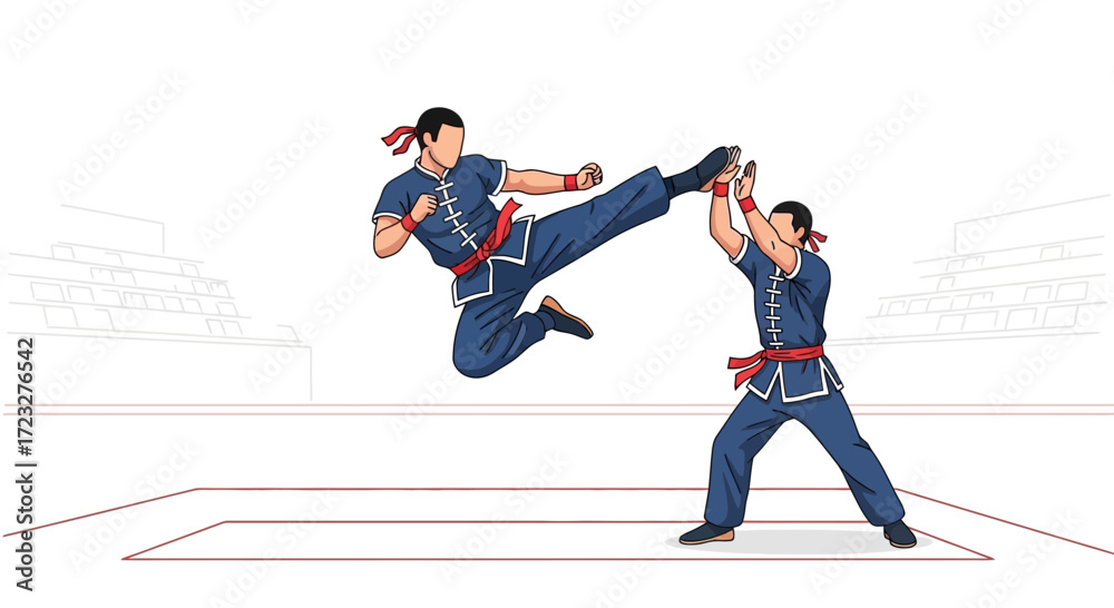 Naklejka premium Dynamic Wing Chun sparring session, showcasing martial arts agility and precision